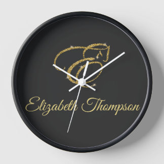 Monogram Letter E Horse in gold glitter Clock