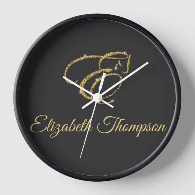 Monogram Letter E Horse in gold glitter Clock (Front)