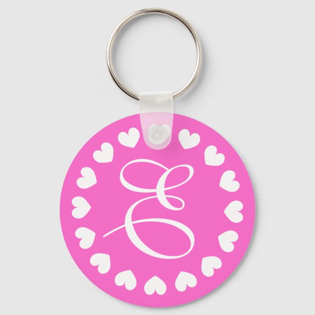 Monogram letter E keychain with white love hearts (Front)