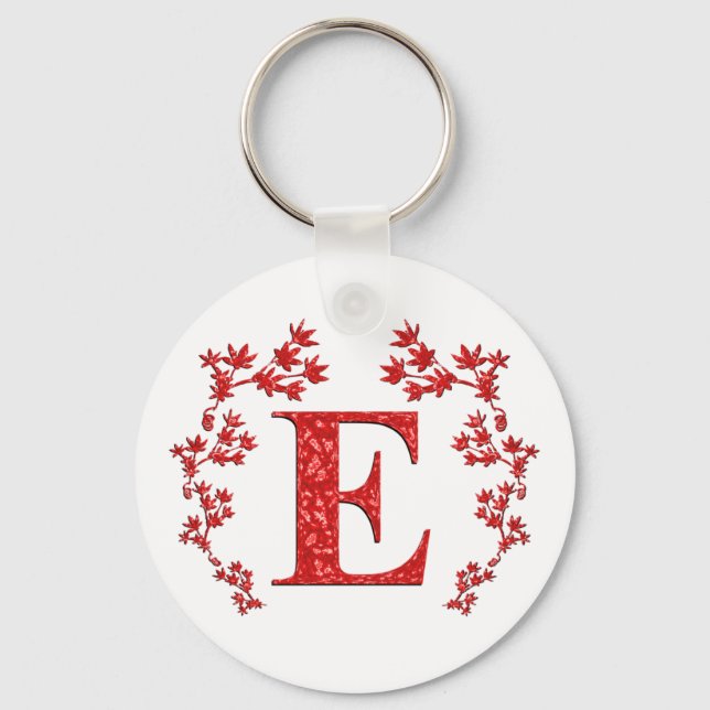 Monogram Letter E Red Leaves Key Ring (Front)