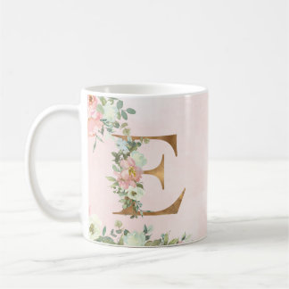 Monogram Letter E Watercolor Floral Coffee Mug