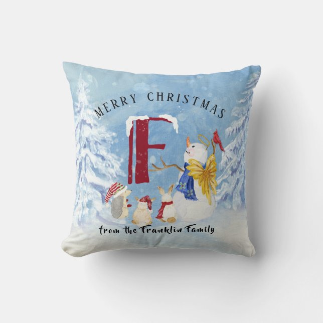 Monogram Letter F Adorable Angel Snowman Forest Cushion (Front)