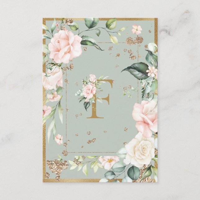 Monogram Letter F Elegant Green Floral Roses  Thank You Card (Front)