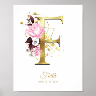 Monogram Letter F Gold Foil & Pink Floral Nursery Poster