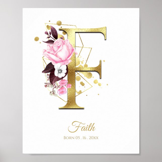 Monogram Letter F Gold Foil & Pink Floral Nursery Poster (Front)