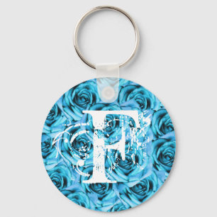 Monogram Letter F Ice Blue Roses Keychain