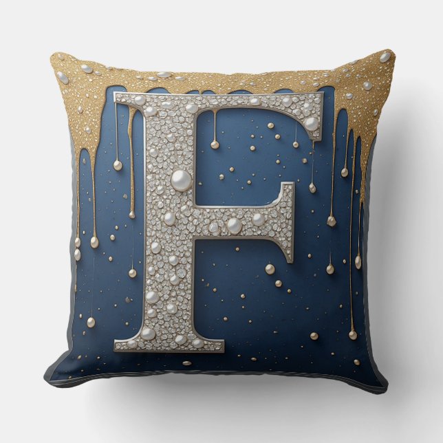 Monogram Letter F Navy Gold Dripping Paint Cushion (Front)