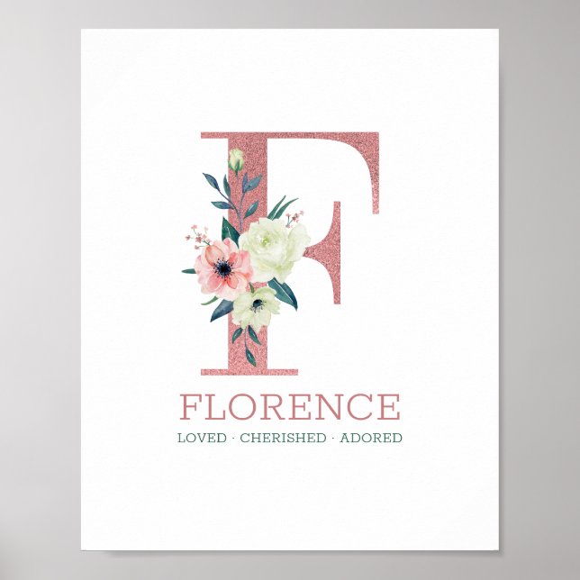 Monogram Letter F Pink Watercolor Floral Nursery Poster (Front)