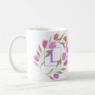 Monogram Letter F Purple & White with flowers Coffee Mug
