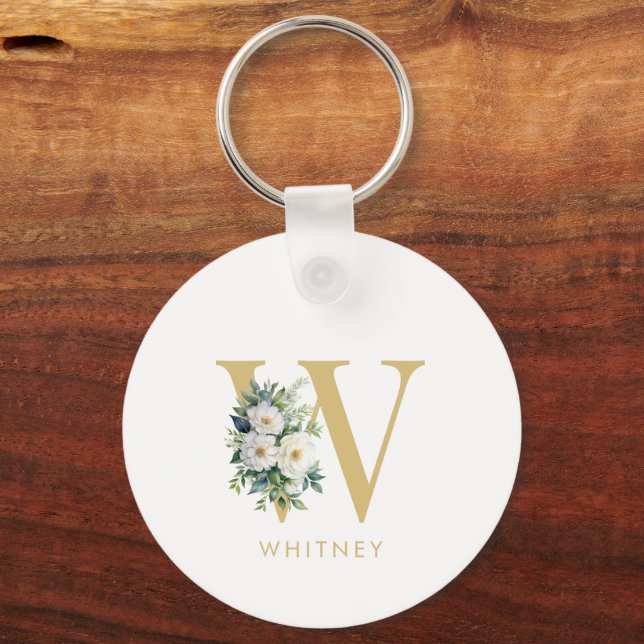Monogram Letter Floral Initial Name Key Ring (Front)