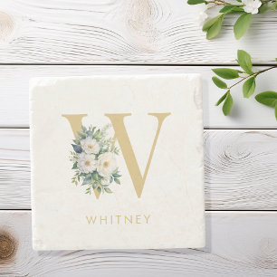 Monogram Letter Floral Initial Name Stone Coaster