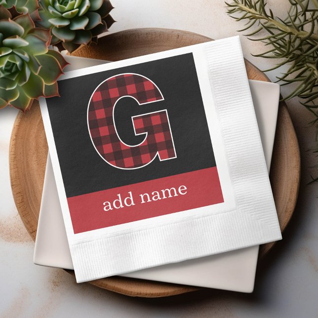 Monogram Letter G - Black and Red Buffalo Plaid Napkin (Custom Napkin)