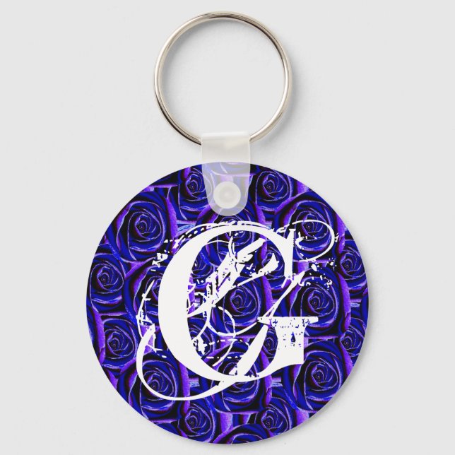 Monogram Letter G Blue Roses Keychain (Front)