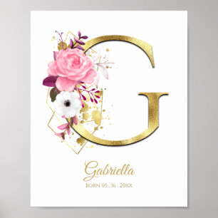 Monogram Letter G Gold Foil & Pink Floral Nursery Poster