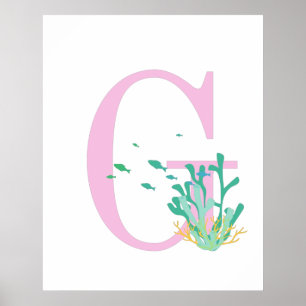 Monogram Letter G Pink Teal Coral Fish Poster