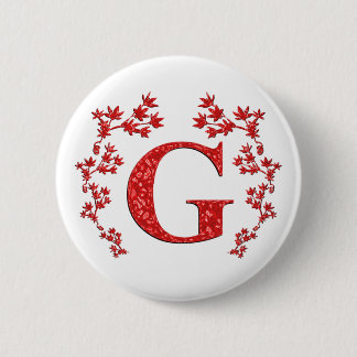 Monogram Letter G Red Leaves 6 Cm Round Badge