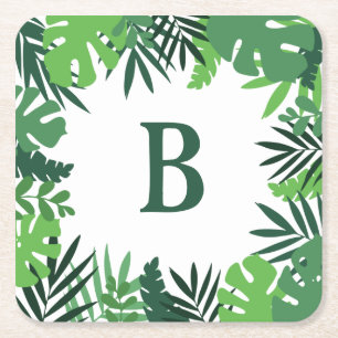 Monogram letter green tropical palm leaves frame square paper coaster