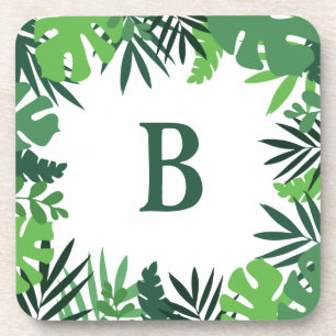 Monogram letter green tropical palm leaves jungle coaster