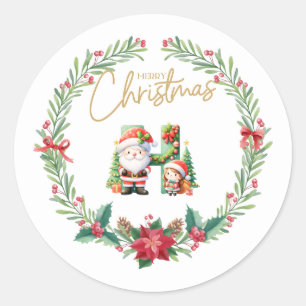 Monogram letter H, Christmas Wreath w/ Santa Claus Classic Round Sticker