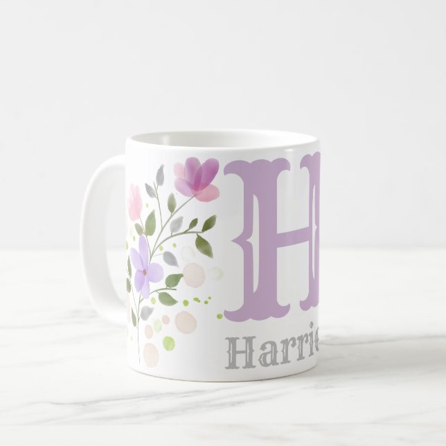 Monogram Letter H & Name with Flowers Coffee Mug (Front Left)
