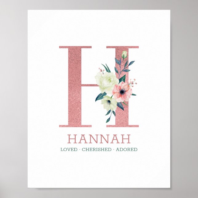 Monogram Letter H Pink Watercolor Floral Nursery Poster (Front)