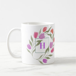 Monogram Letter H Purple & White with flowers   Coffee Mug