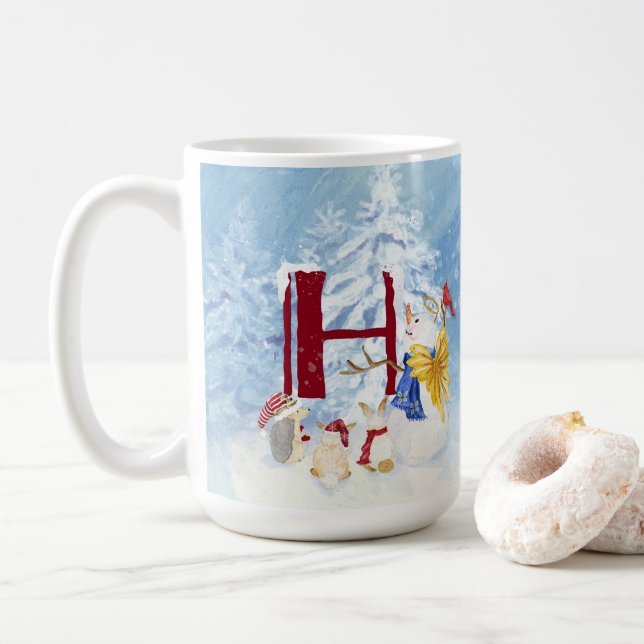 Monogram Letter H Winter Trees Christmas Snowman Coffee Mug (With Donut)