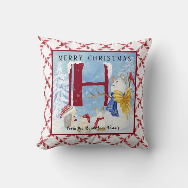 Monogram Letter H Winter Trees Christmas Snowman Cushion (Front)