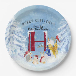 Monogram Letter H Winter Trees Christmas Snowman Paper Plate