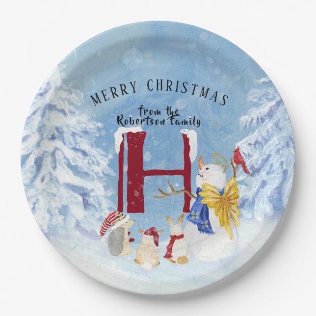 Monogram Letter H Winter Trees Christmas Snowman Paper Plate (Front)