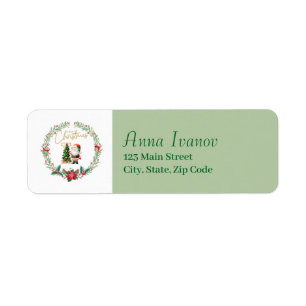 Monogram Letter I Christmas Wreath w/ Santa Claus Return Address Label