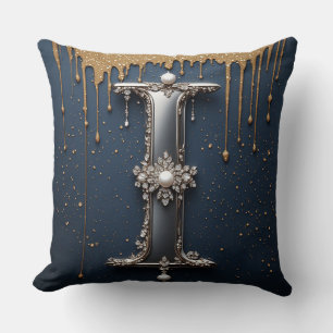 Monogram Letter I Navy Gold Dripping Paint Cushion