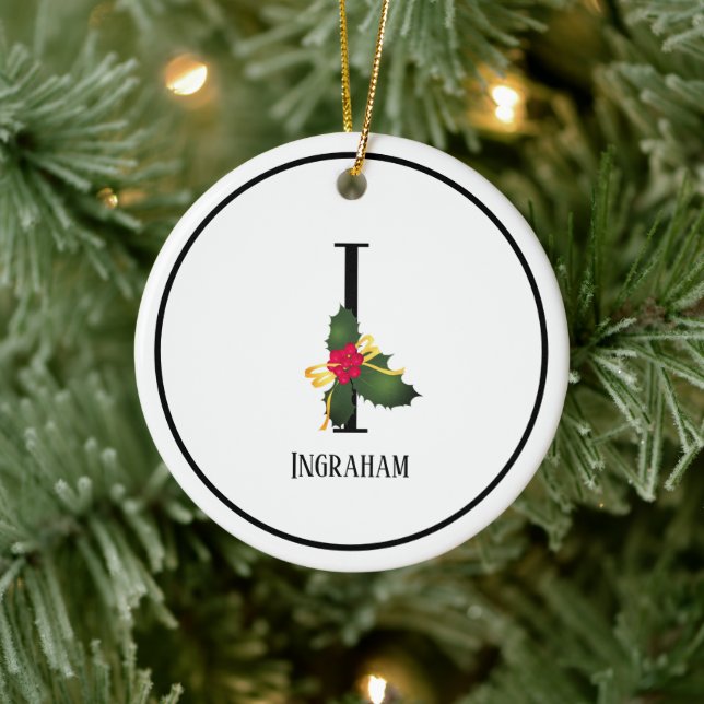 Monogram Letter I Personalised Name Christmas Ceramic Ornament (Tree)