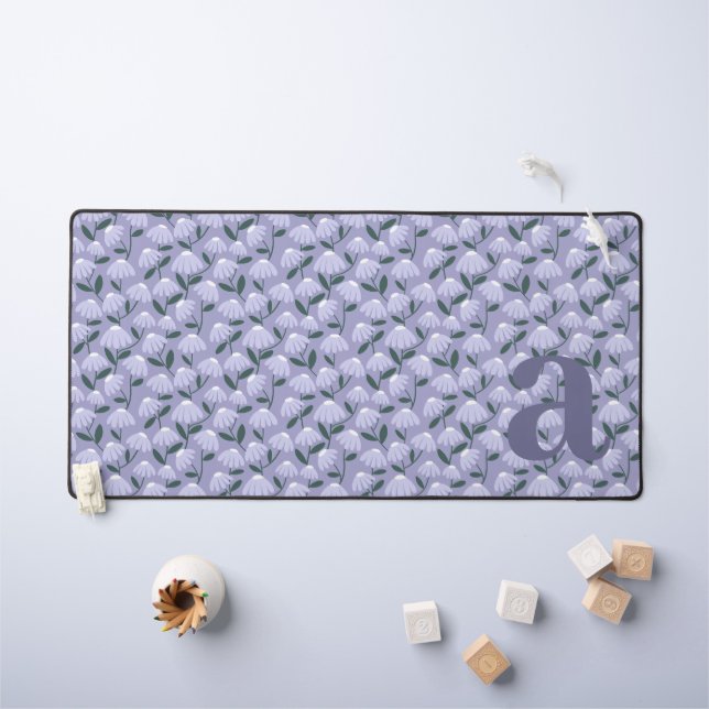 Monogram Letter Initial Blue Purple Floral Pattern Desk Mat (Kids Table)