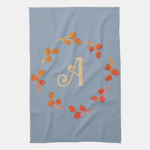 Monogram Letter Initial Dusty Blue Retro Berry  Tea Towel