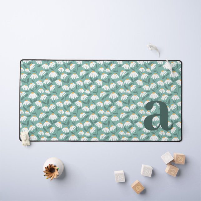 Monogram Letter Initial Green Floral Pattern Desk Mat (Kids Table)