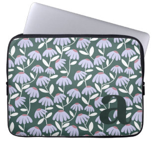 Monogram Letter Initial Green Floral Pattern Laptop Sleeve
