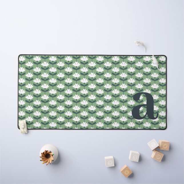 Monogram Letter Initial Green Vintage Flowers Desk Mat (Kids Table)