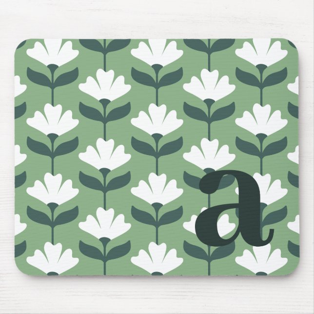 Monogram Letter Initial Green Vintage Flowers Mouse Pad (Front)