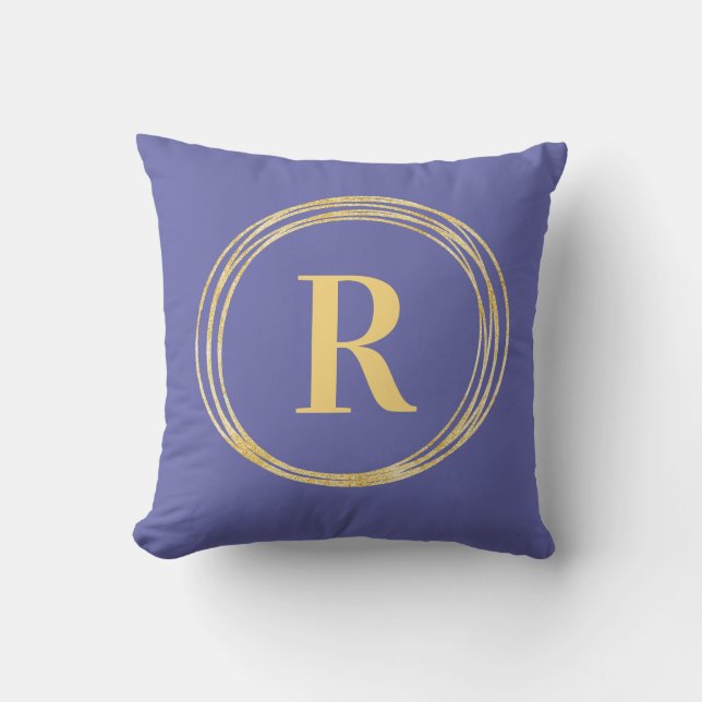 Monogram Letter Initial Periwinkle Gold Circles Cushion (Front)