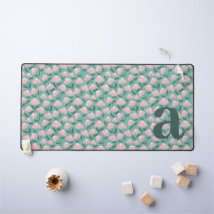 Monogram Letter Initial Pink Green Floral Pattern Desk Mat