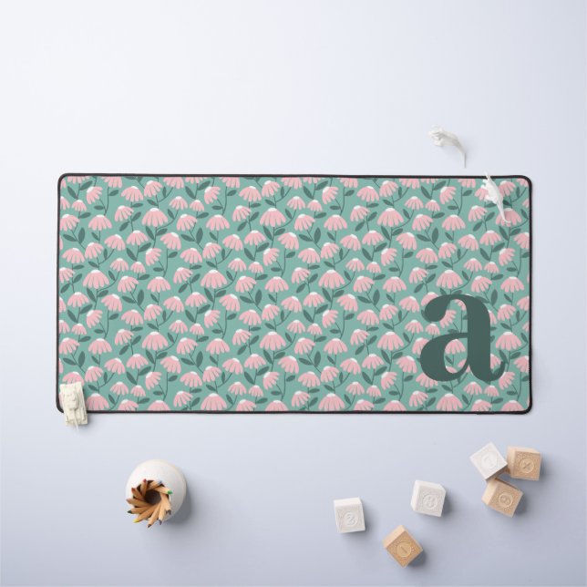 Monogram Letter Initial Pink Green Floral Pattern Desk Mat (Kids Table)
