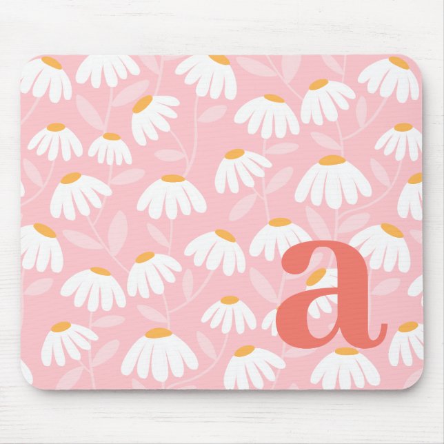 Monogram Letter Initial Pink/White Floral Pattern Mouse Pad (Front)