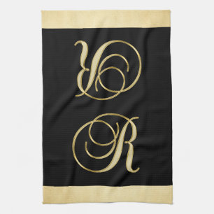 Monogram Letter Initial R Gold Black Colour Tea Towel
