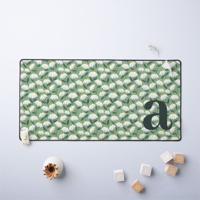 Monogram Letter Initial Sage Green Floral Pattern Desk Mat (Kids Table)
