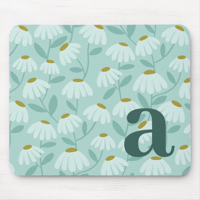 Monogram Letter Initial Teal Blue Floral Pattern Mouse Pad (Front)