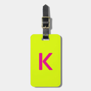 Monogram Letter Initials Chartreuse Yellow Pink Luggage Tag