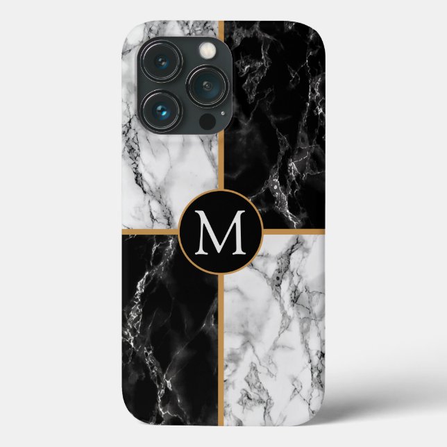 Monogram Letter iPhone Case Black White Marble (Back)
