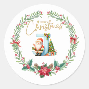 Monogram letter J, Christmas Wreath w/ Santa Claus Classic Round Sticker