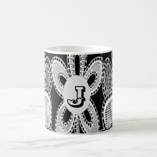Monogram Letter J Flower Black and White Lace Coffee Mug